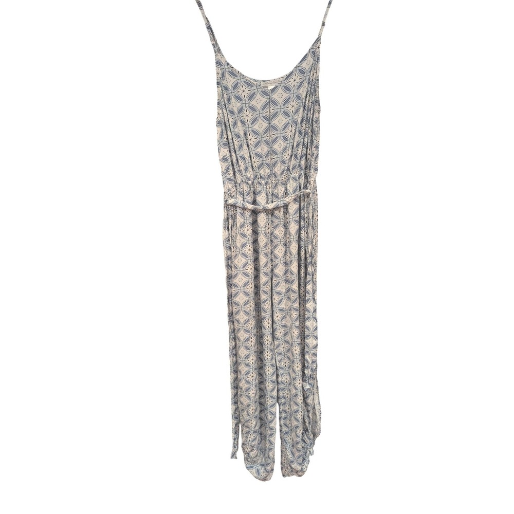 Streetwear Society Jumpsuit M Blue White Floral Geometric Tile Boho‎ Summer Wide